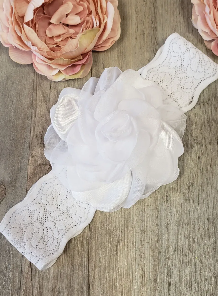 Bandeau baptême blanc dentelle et fleur Blanc