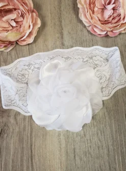 Bandeau baptême blanc dentelle et fleur Blanc