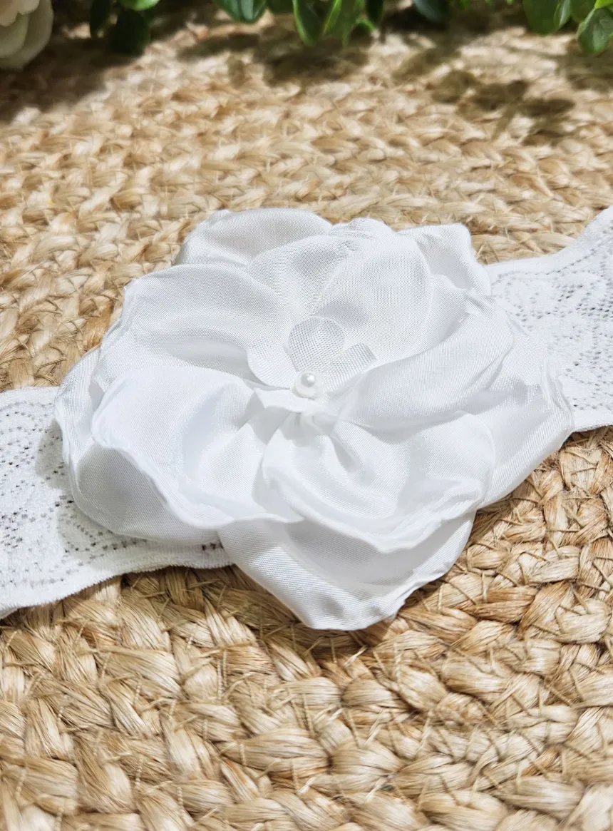 Bandeau bébé baptême grosse fleur tissu