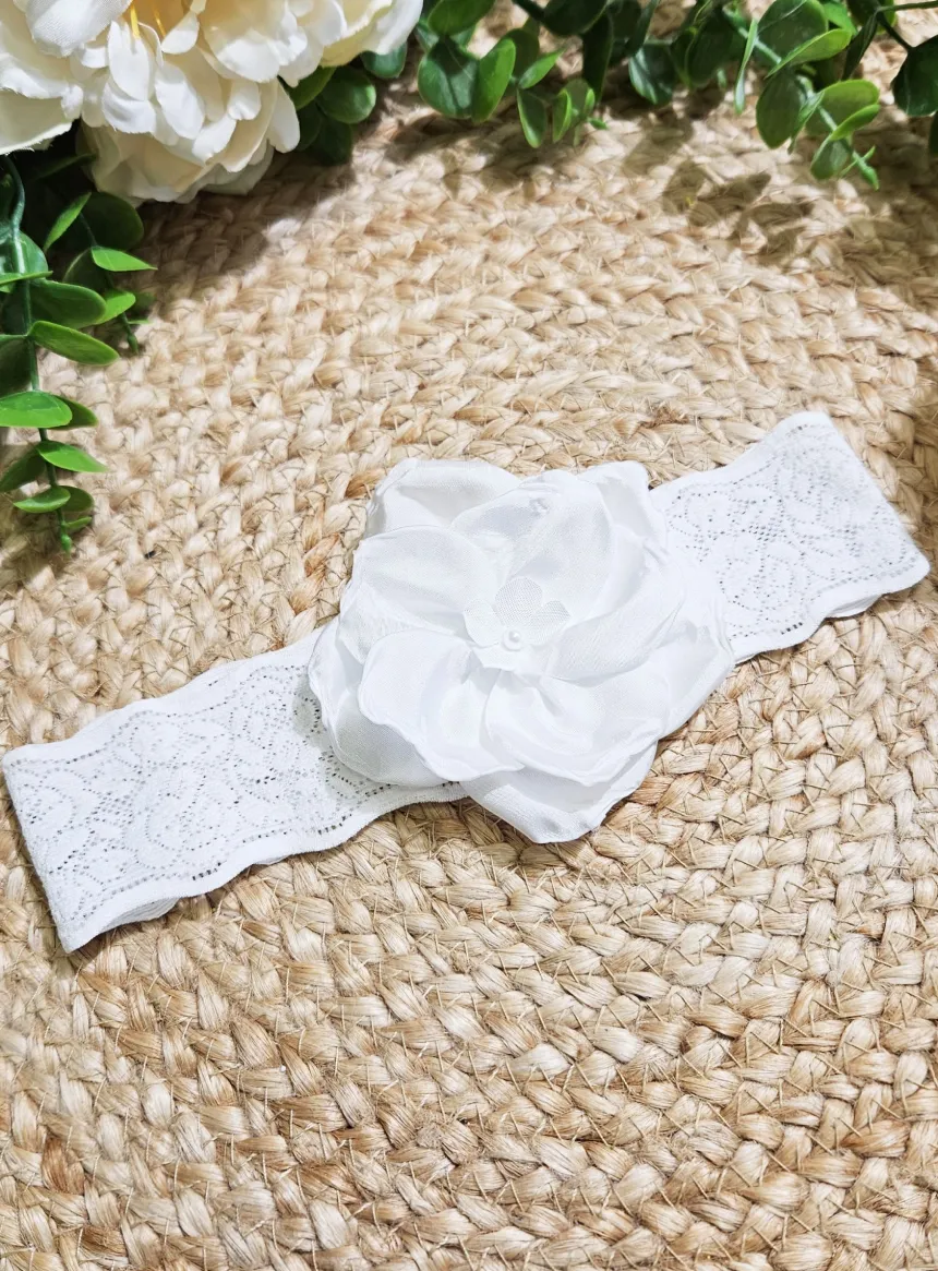 Bandeau bébé baptême grosse fleur tissu