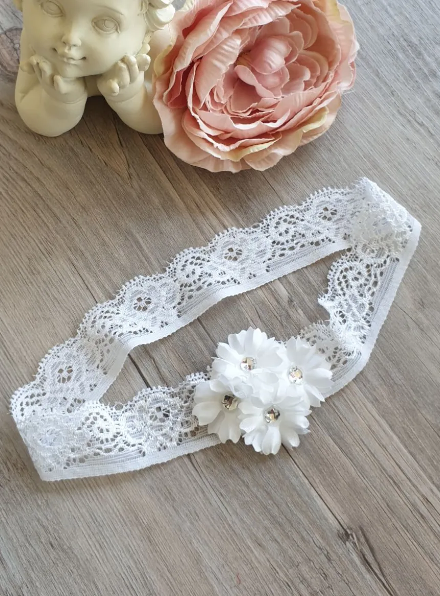 Bandeau bébé blanc fleurs et strass Blanc