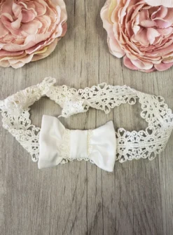 Bandeau bébé dentelle ancienne et noeud Ivoire - Ecru