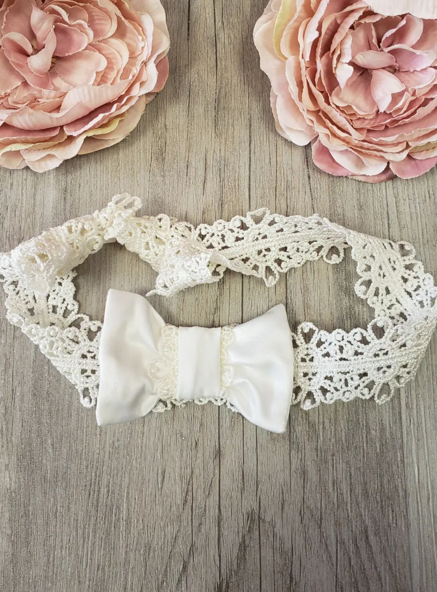 Bandeau bébé dentelle ancienne et noeud Ivoire - Ecru