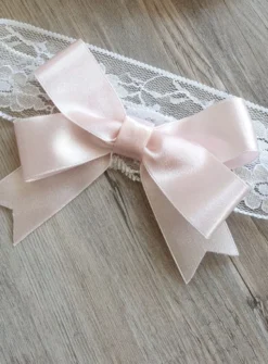 Bandeau bébé dentelle et noeud satin rose Blanc