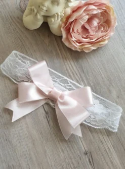 Bandeau bébé dentelle et noeud satin rose Blanc