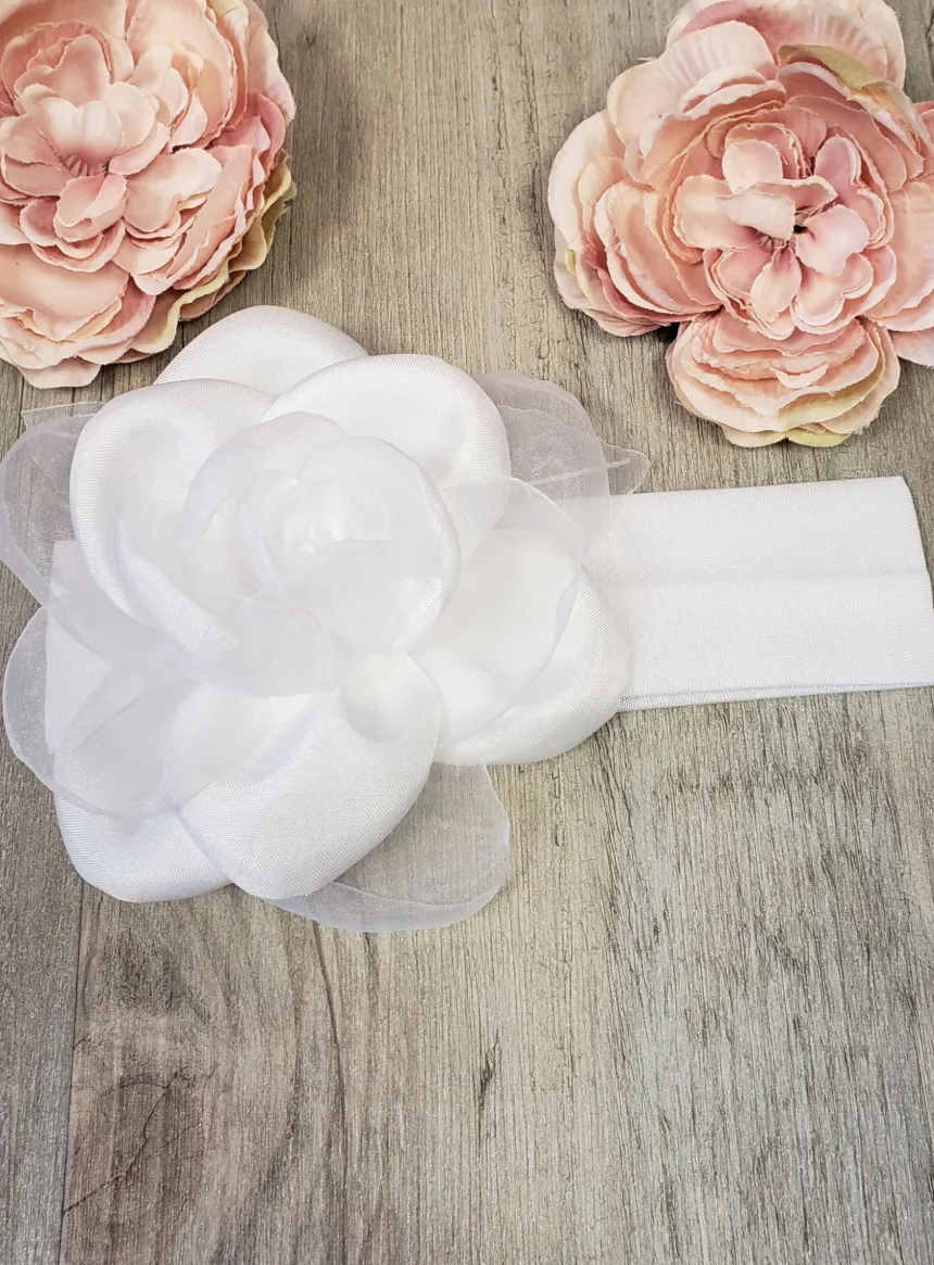 Bandeau de baptême avec fleur et feuille Blanc