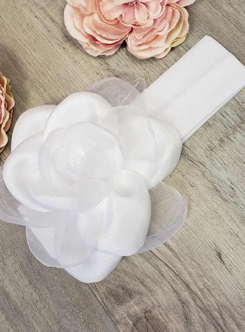 Bandeau de baptême avec fleur et feuille Blanc