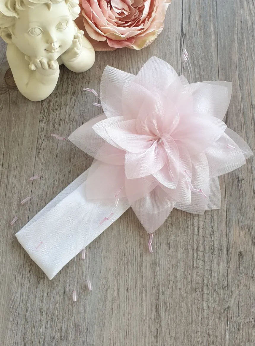 Bandeau de baptême fleur large avec perles