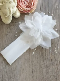 Bandeau de baptême fleur large avec perles