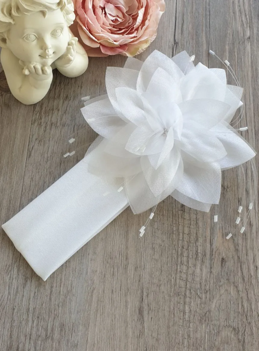 Bandeau de baptême fleur large avec perles