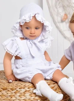 Barboteuse blanche coton gaze et béguin bébé fille
