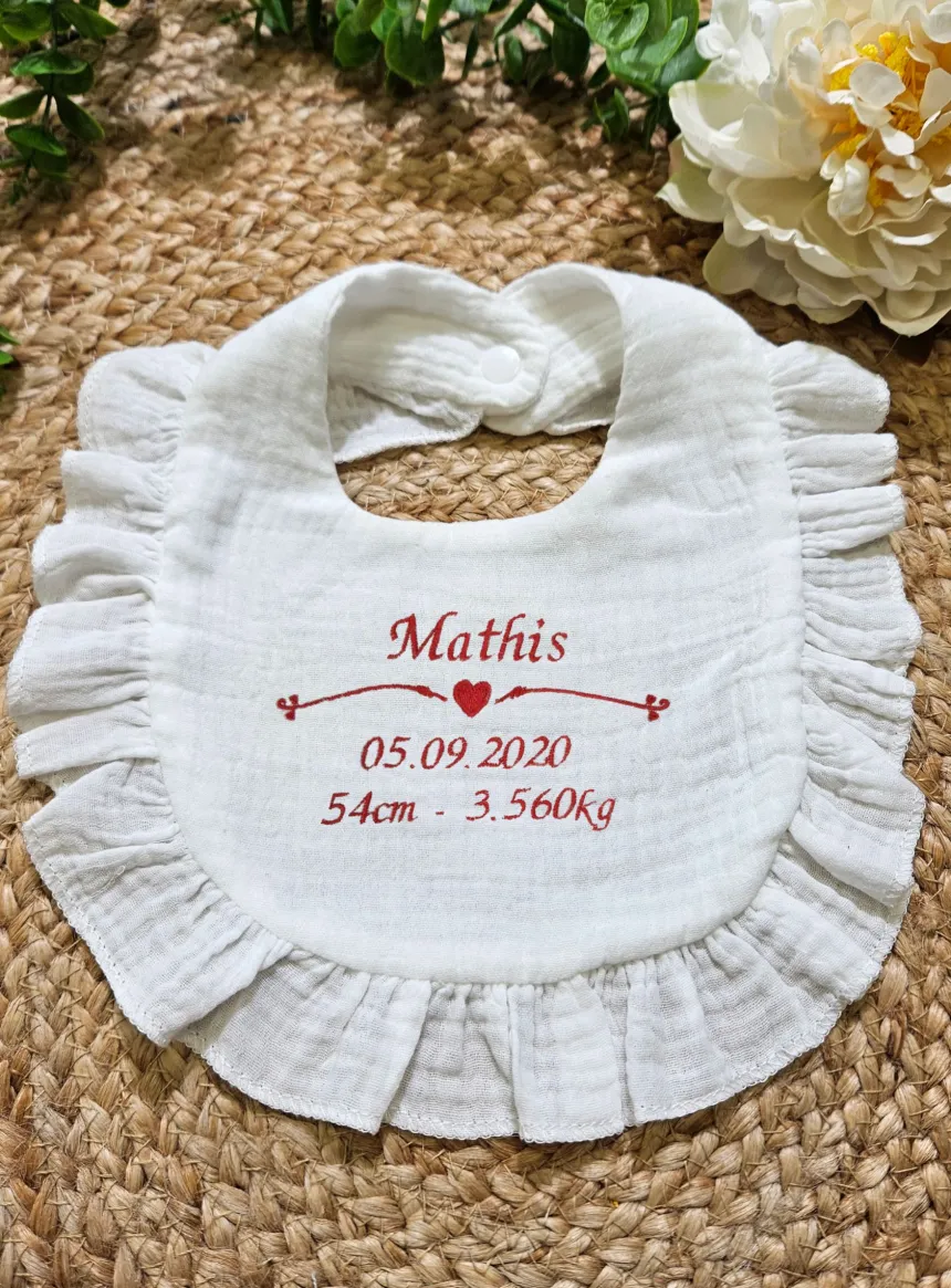 Bavoir bébé en coton de gaze et froufrou - Personnalisable