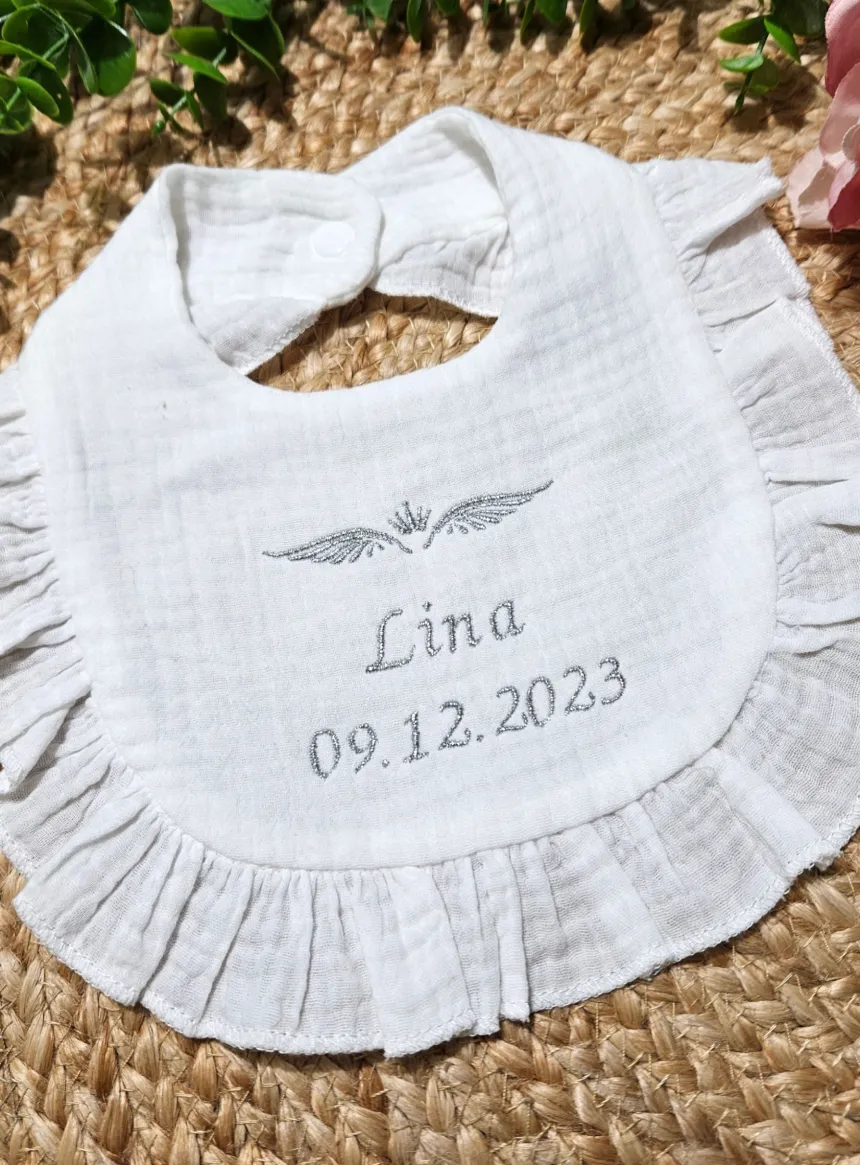 Bavoir bébé en coton de gaze et froufrou - Personnalisable