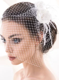 Bibi à voilette de mariage fleurs et plumes