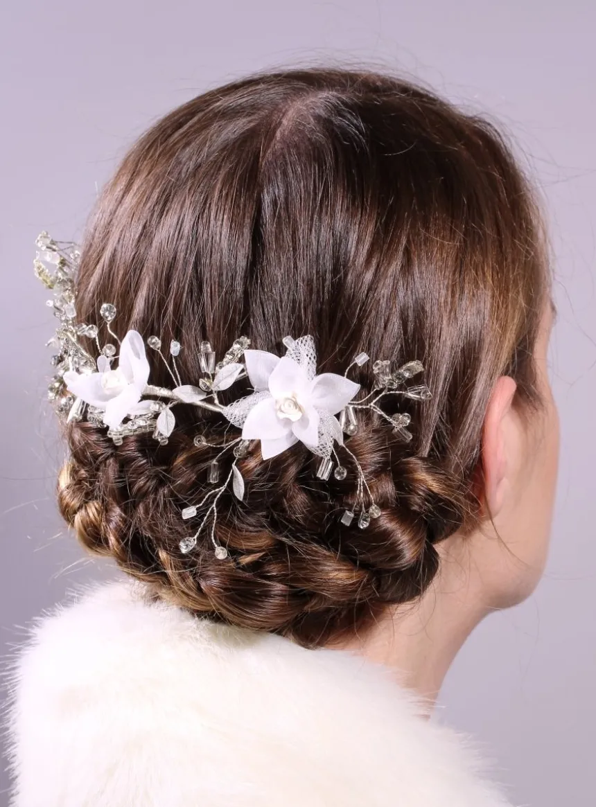 Bijou cheveux mariage fleurs et perles Blanc