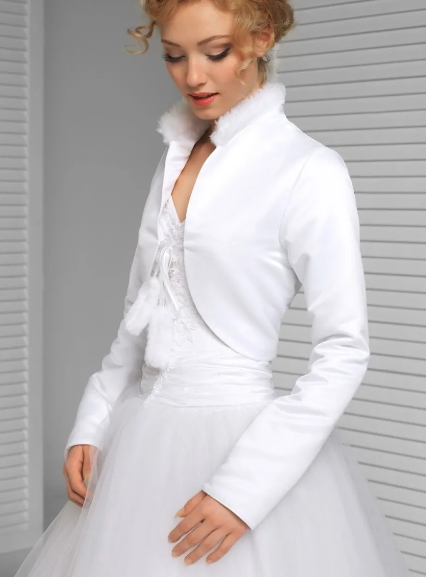 Boléro femme satin manches longues col fourrure