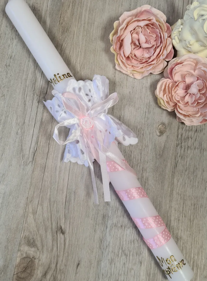 Bougie baptême noeud et ruban - Personnalisable