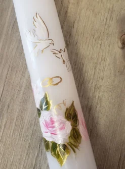 Bougie cierge de mariage Colombes et Anneaux Blanc