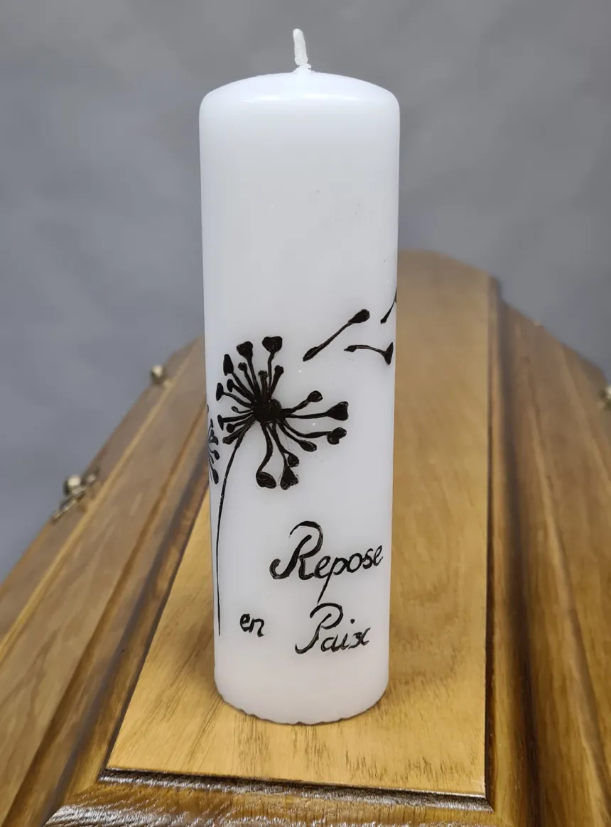 Bougie de deuil Fleurs coeur Repose en paix personnalisable Blanc