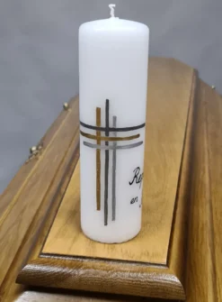 Bougie deuil "Repose en Paix" avec Croix Moderne personnalisable Blanc