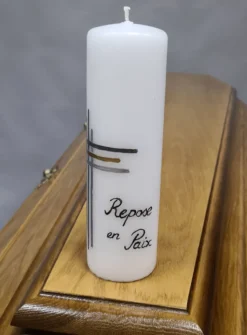 Bougie deuil "Repose en Paix" avec Croix Moderne personnalisable Blanc