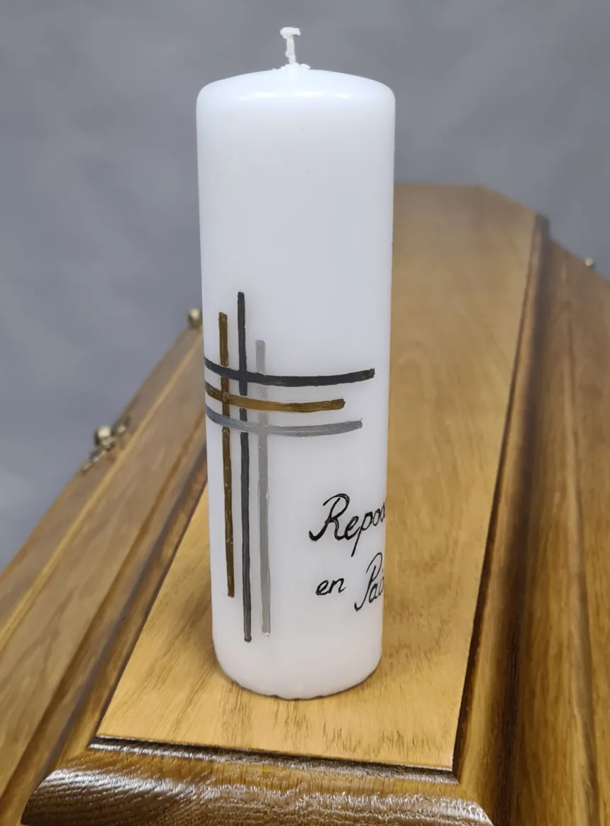 Bougie deuil "Repose en Paix" avec Croix Moderne personnalisable Blanc