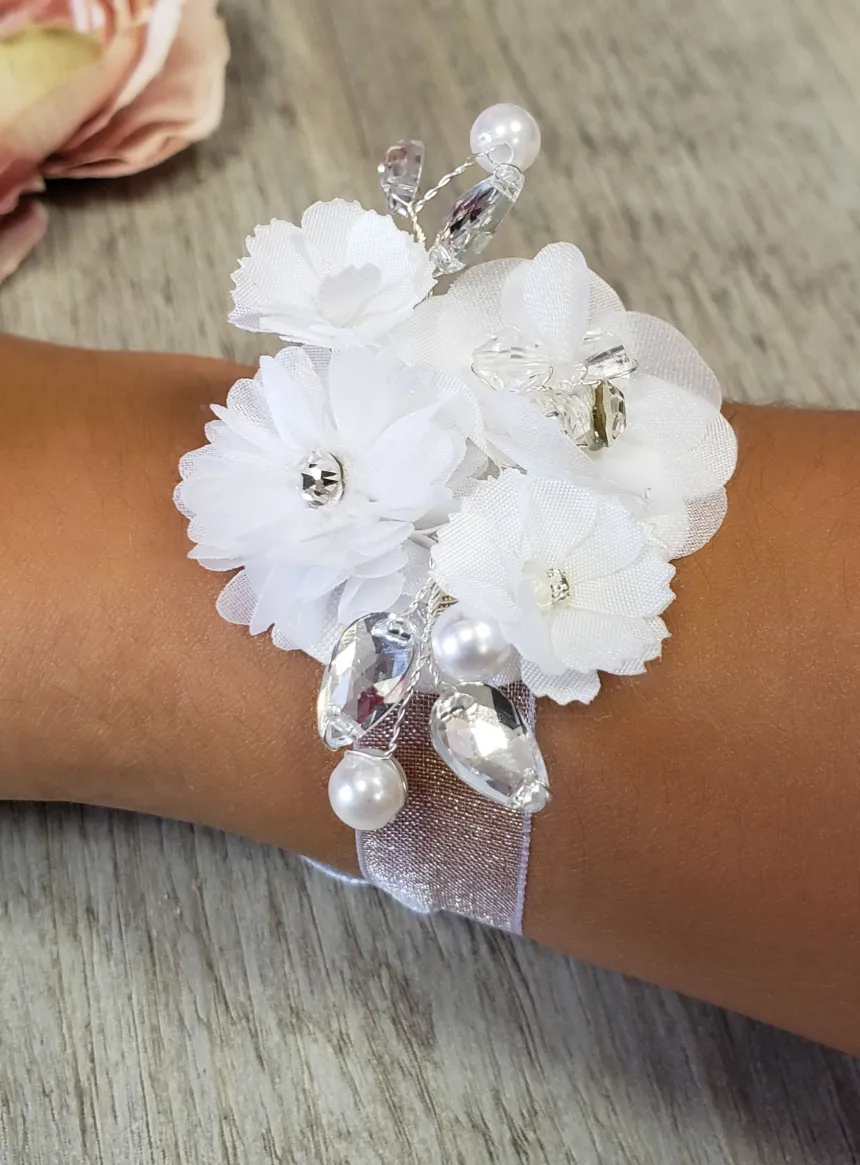Bracelet demoiselle d'honneur fleurs et ruban Blanc