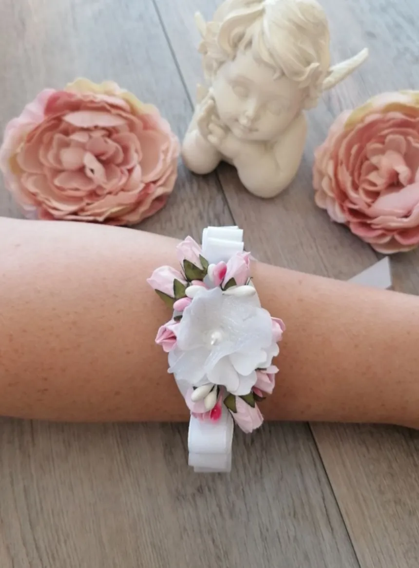 Bracelet demoiselle d'honneur blanc fleurs et strass Blanc