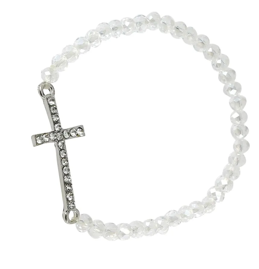Bracelet perles et croix Blanc