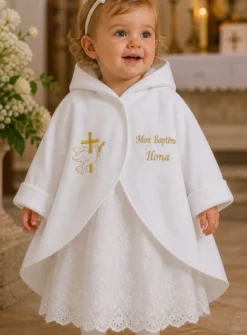 Cape baptême polaire blanche - Personnalisable