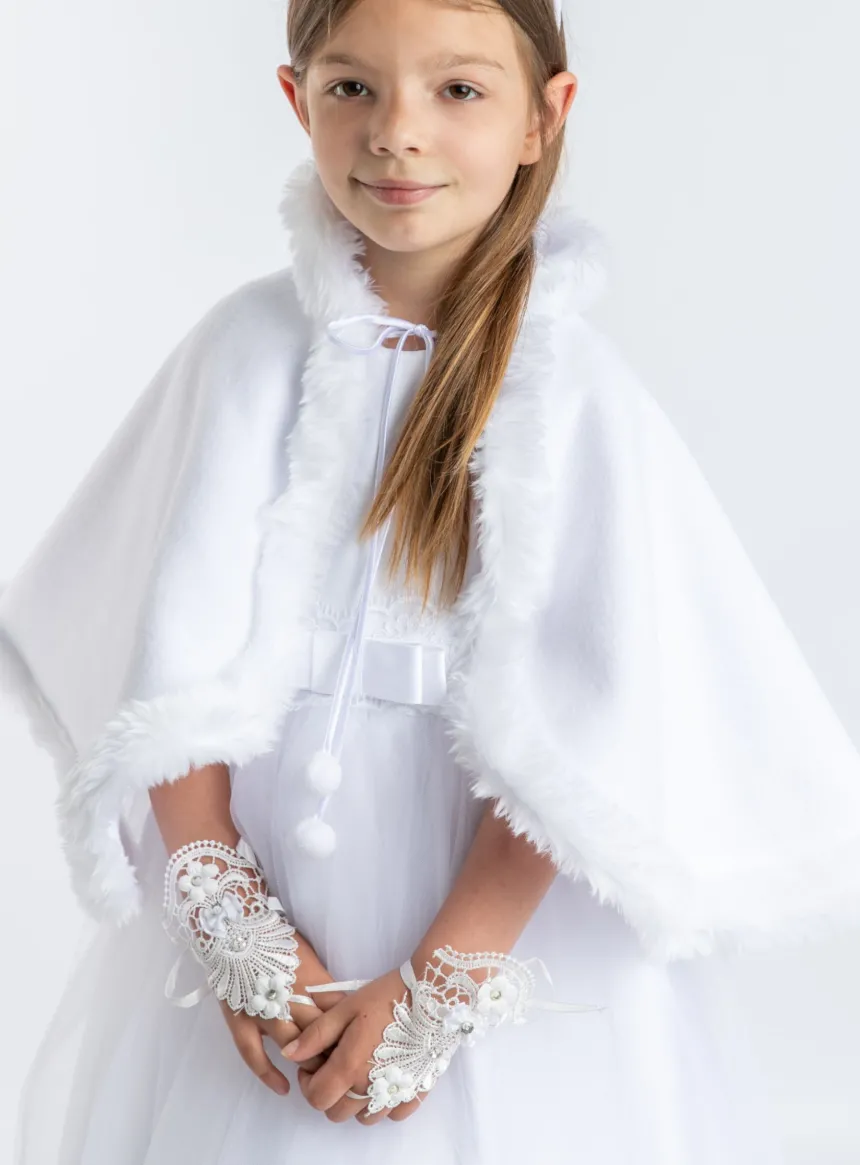 Cape blanche polaire et fourrure pour fille