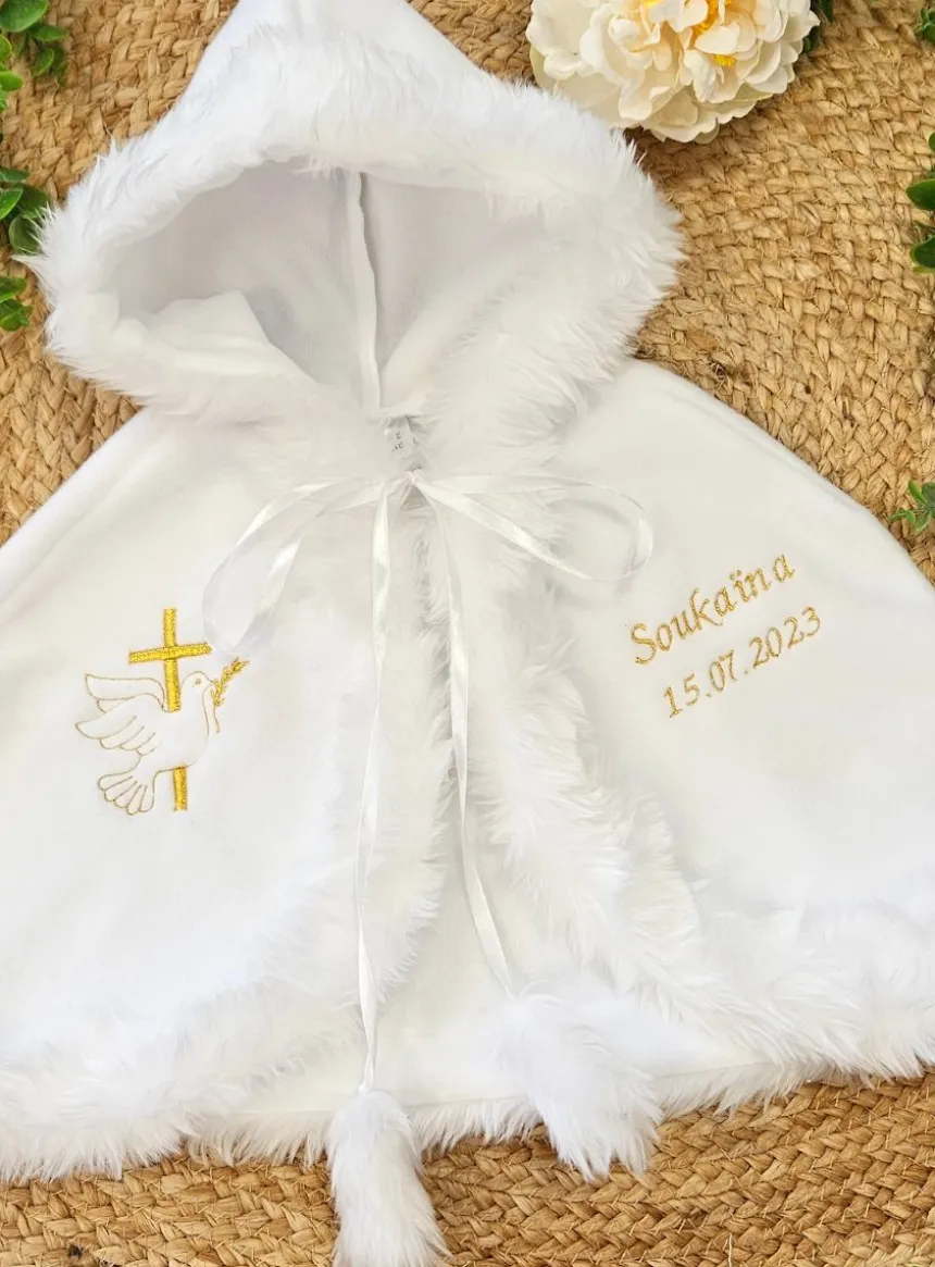Cape de baptême polaire fausse fourrure - Personnalisable Blanc bébé