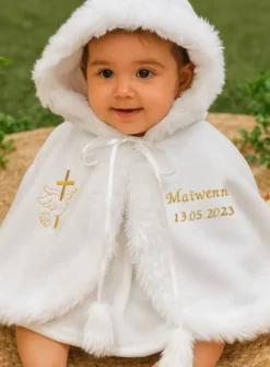 Cape de baptême polaire fausse fourrure - Personnalisable Blanc bébé