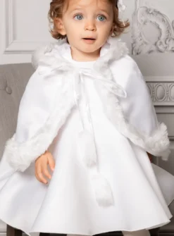 Cape de baptême satin et fourrure avec capuche Blanc bébé