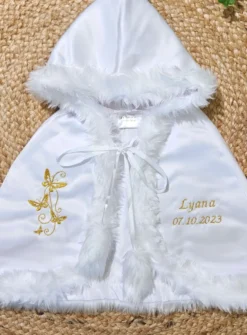 Cape de baptême satin et fourrure avec capuche Blanc bébé