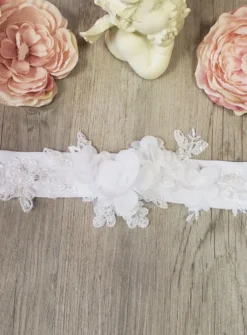 Ceinture dentelle perlée et fleurs large - Collection Création Blanc