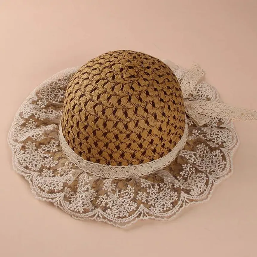 Chapeau cérémonie fille paille dentelle bohème