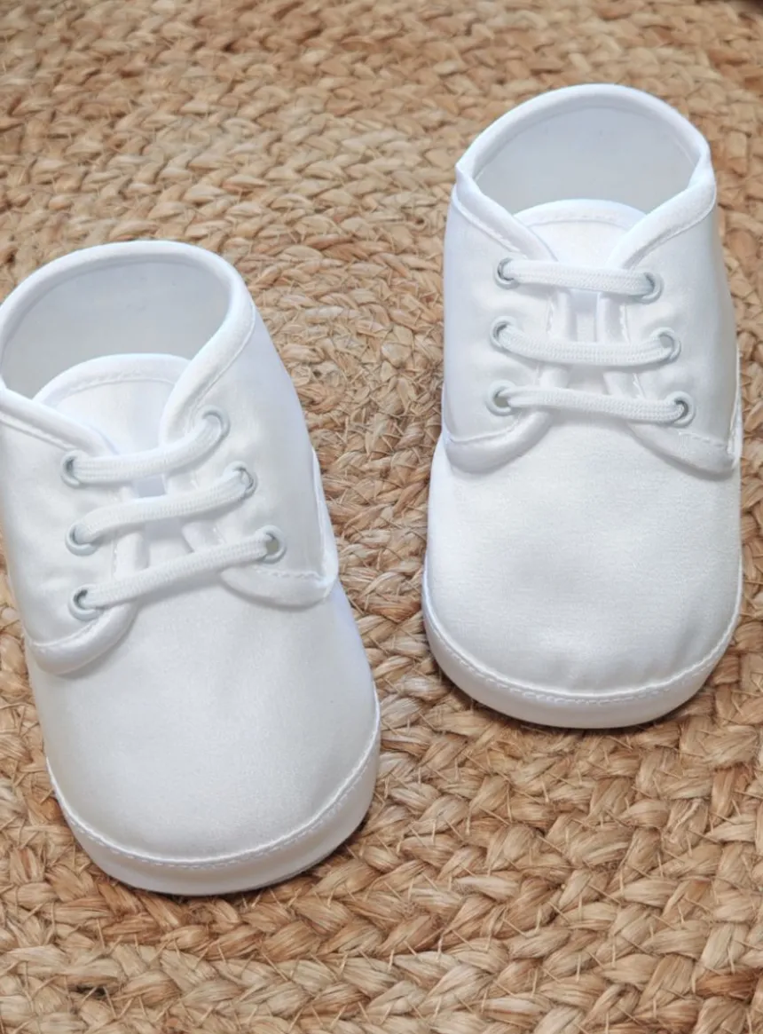 Chaussons baptême bébé garçon blanc satin