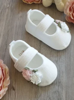 Chaussons bébé fille lin blancs fleurs