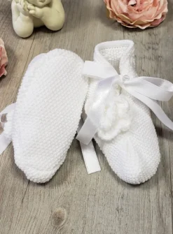 Chaussons bébé tricot fille avec fleurs Blanc Taille unique