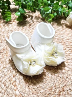 Chaussons blanche bébé fille fleurs et strass