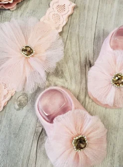 Chaussons / chaussettes + bandeau bébé fille avec strass