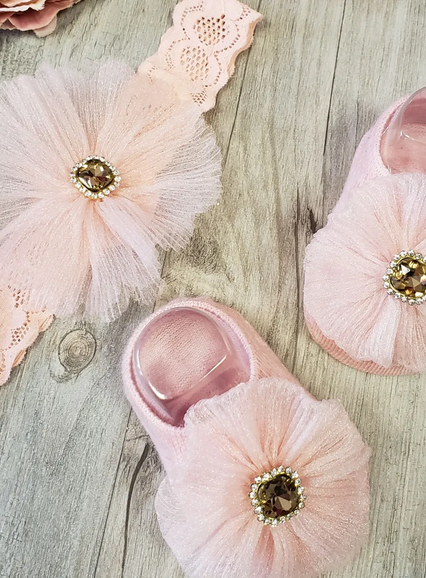 Chaussons / chaussettes + bandeau bébé fille avec strass