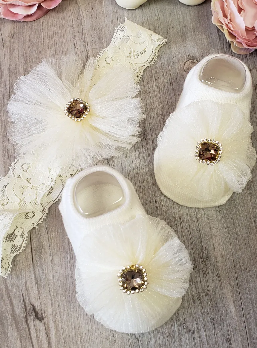 Chaussons / chaussettes + bandeau bébé fille avec strass