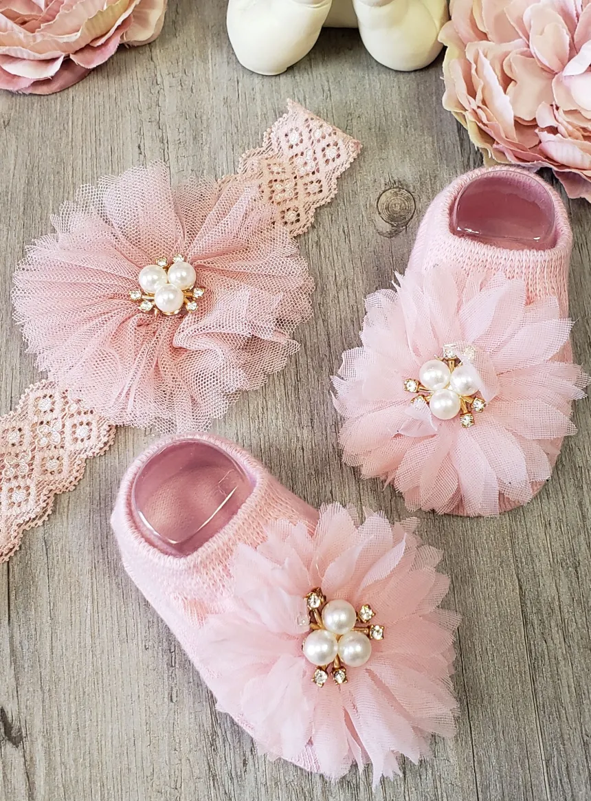 Chaussons / chaussettes + bandeau bébé fille fleur et perles