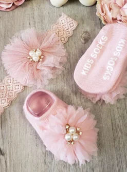 Chaussons / chaussettes + bandeau bébé fille fleur et perles