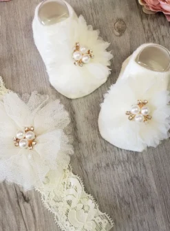 Chaussons / chaussettes + bandeau bébé fille fleur et perles