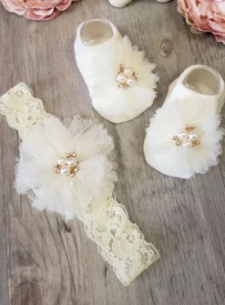 Chaussons / chaussettes + bandeau bébé fille fleur et perles