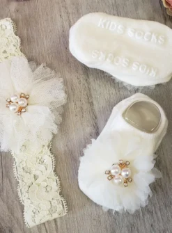 Chaussons / chaussettes + bandeau bébé fille fleur et perles