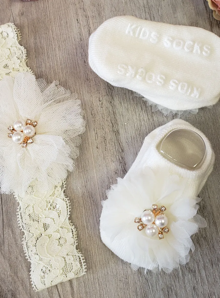 Chaussons / chaussettes + bandeau bébé fille fleur et perles